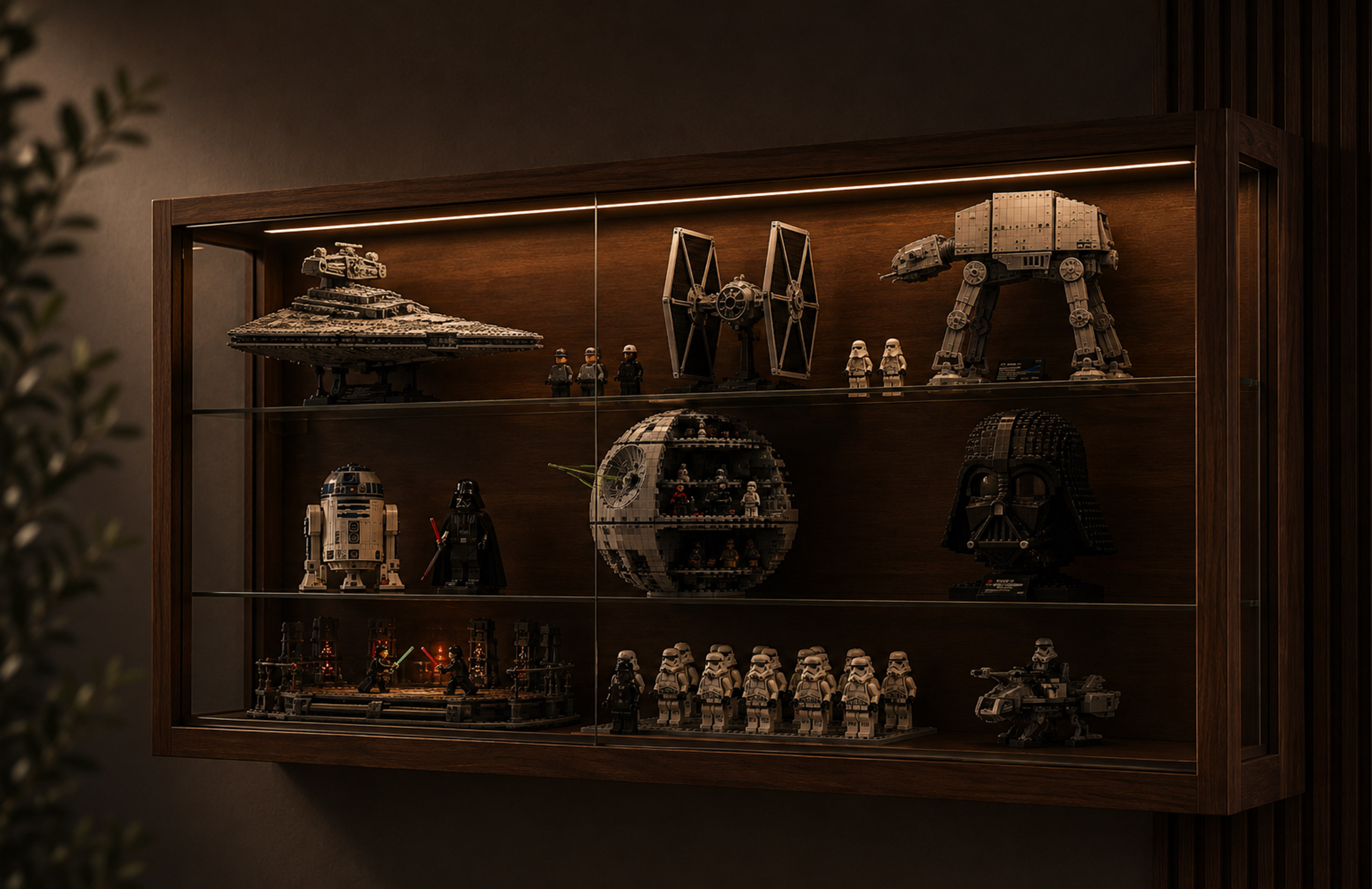 Wall-mounted display case filled with LEGO Star Wars sets and minifigures
