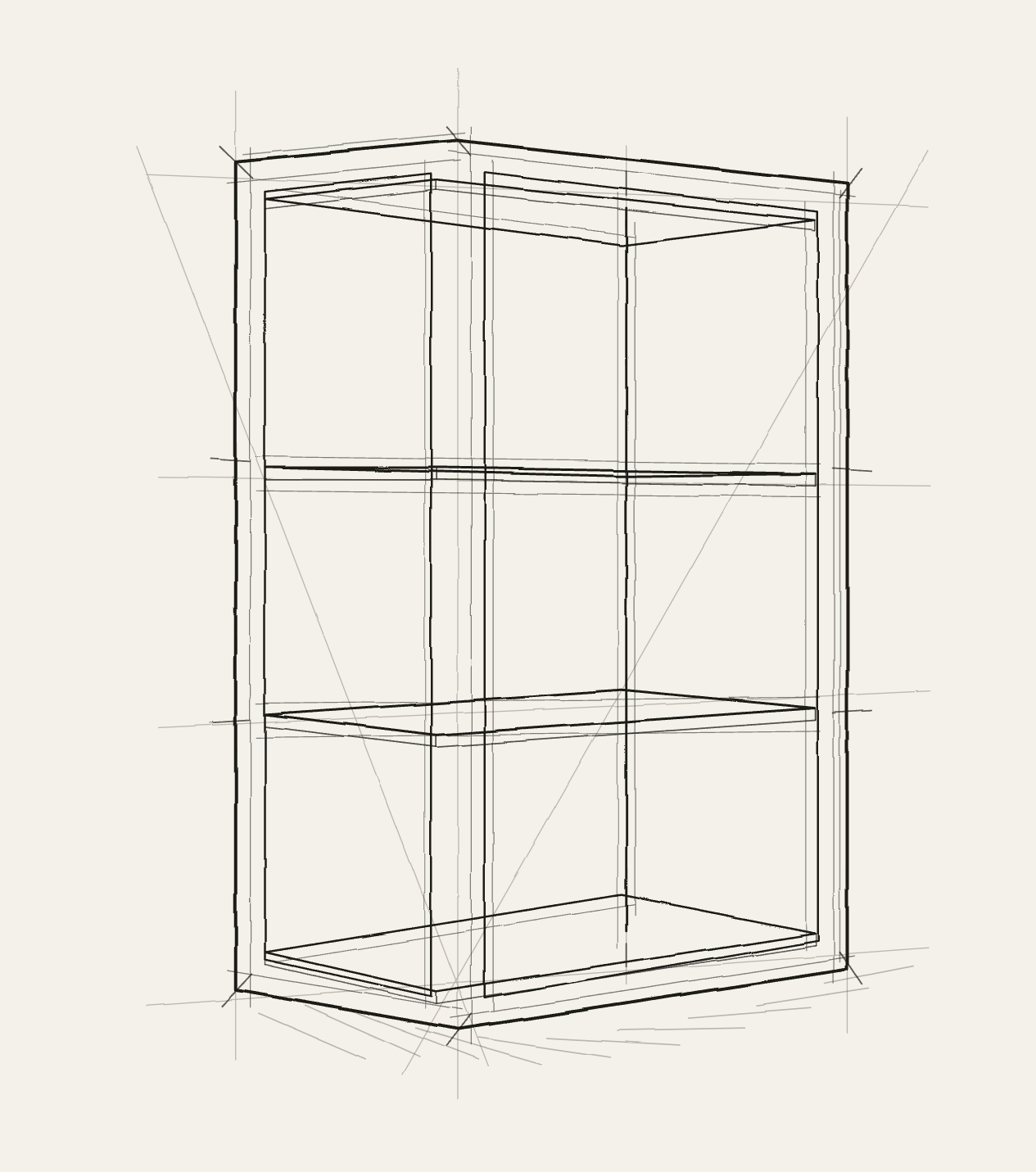 Pencil sketch of a three-level wall-mounted display case design