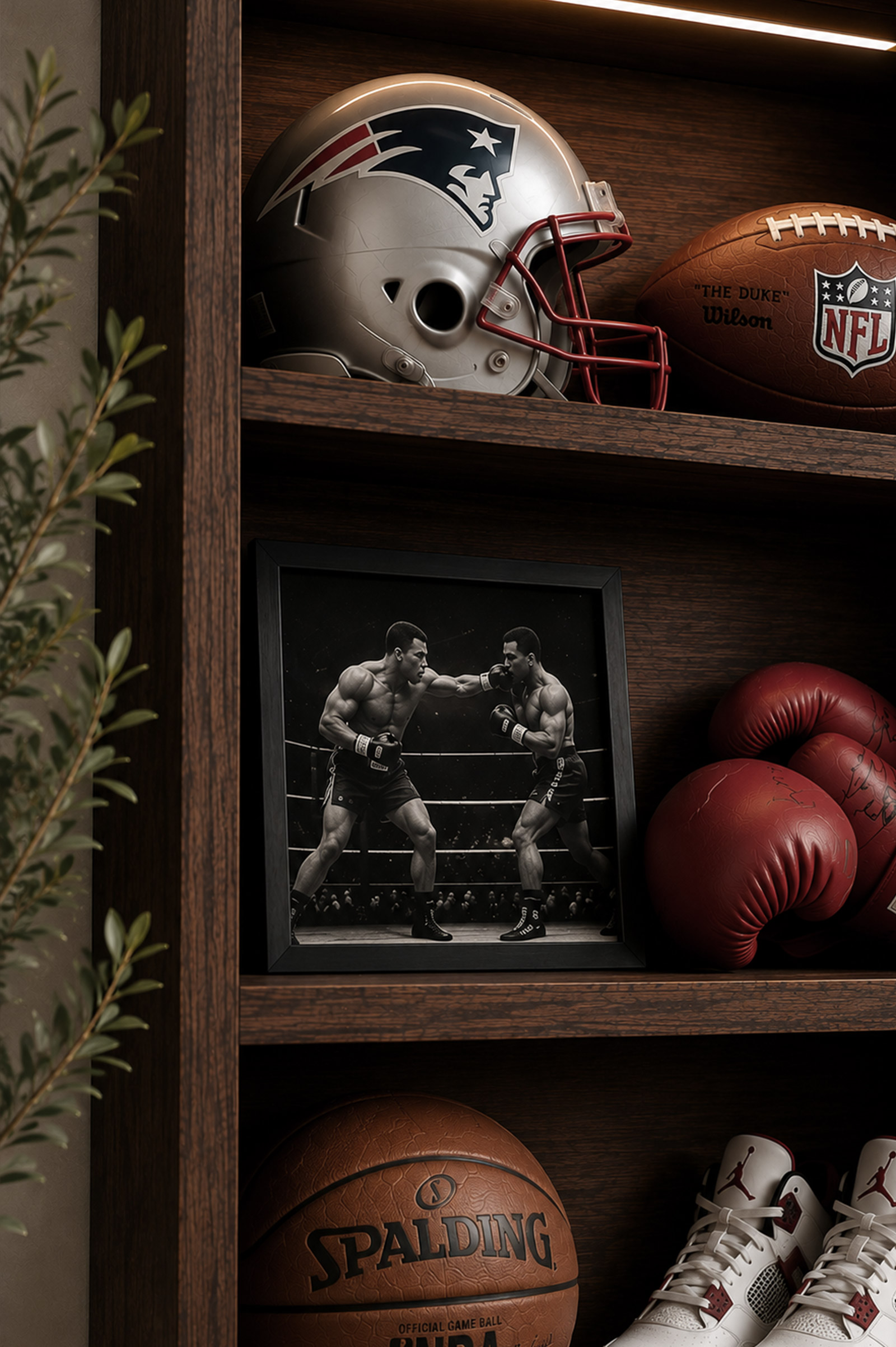Wall-mounted display shelves holding a football helmet, boxing gloves and other sports memorabilia