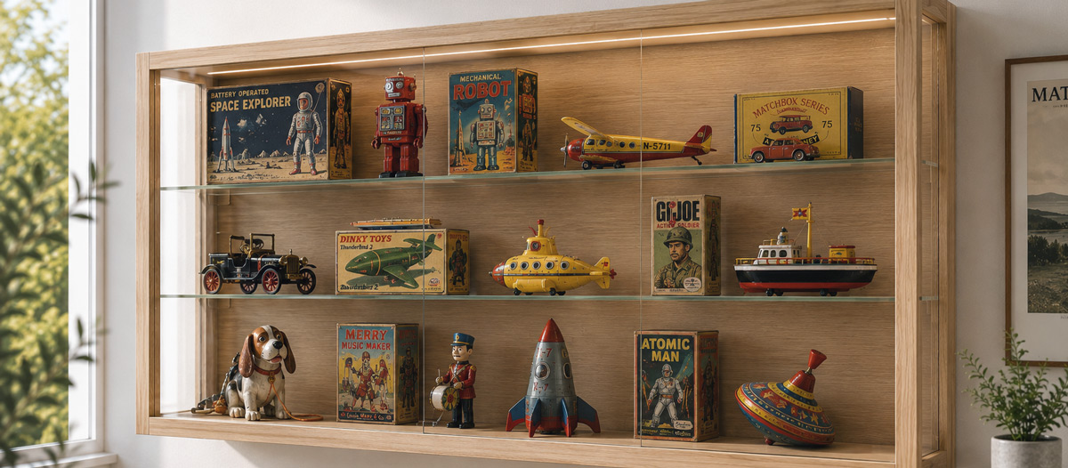 Oak wall-mounted display case filled with vintage toy collectibles