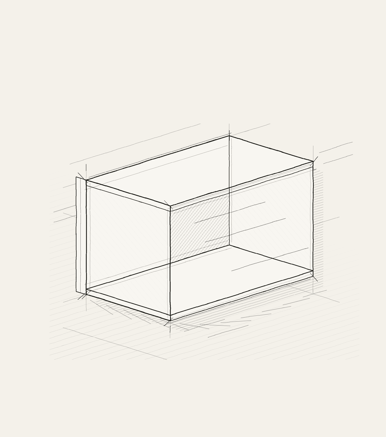 Pencil sketch of a single-shelf wall-mounted display case design